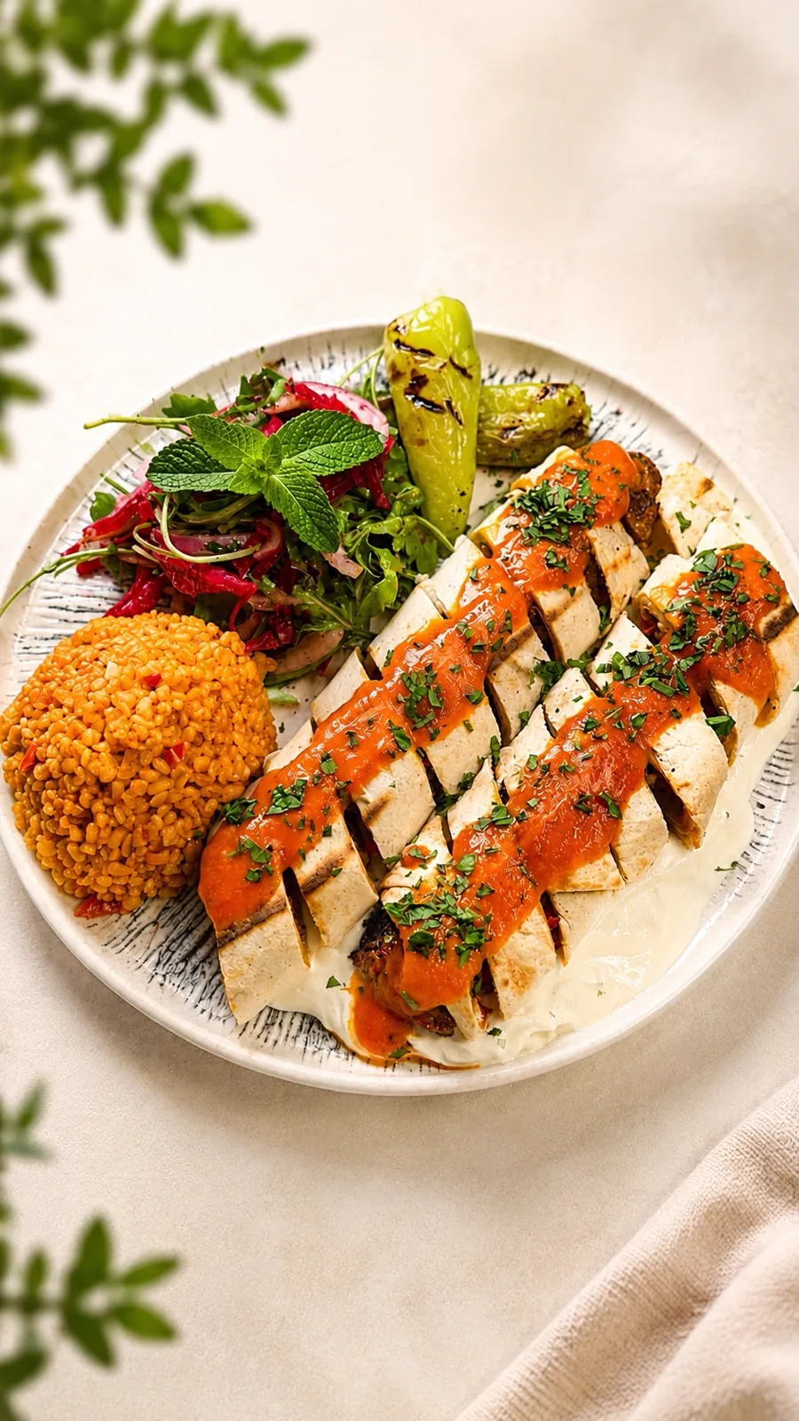 Beyti Kebap auf Joghurt mit Tomatensauce, dazu Bulgur, Salat und eine gegrillte Peperoni